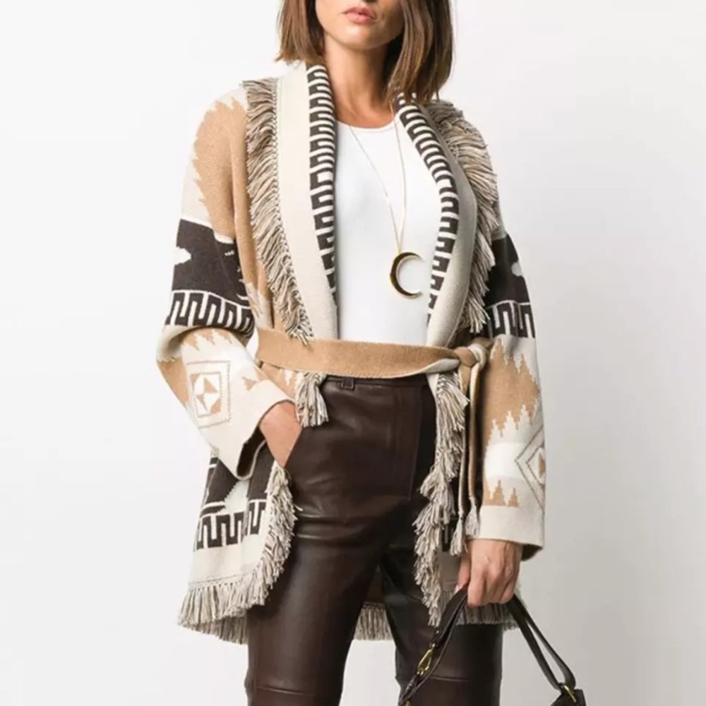 SOLD OUT Aztec Tribal Cowichan Fringe Cardigan Sweater Wrap - Picture 1 of 8